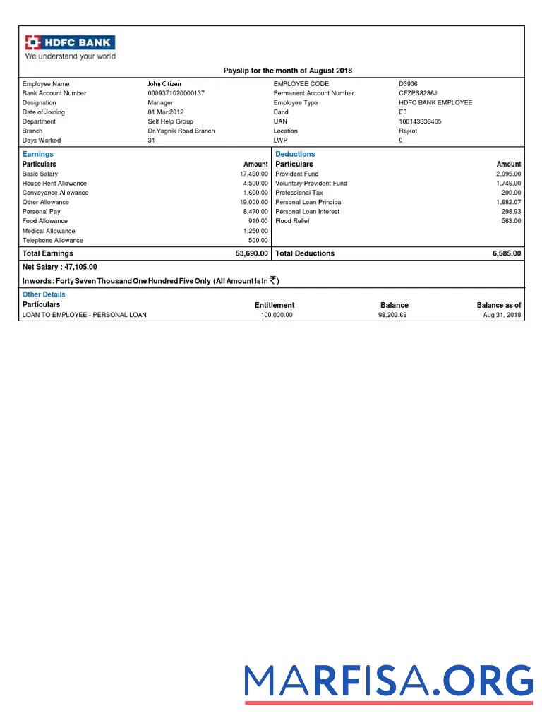 Downloadable India HDFC bank payslip template